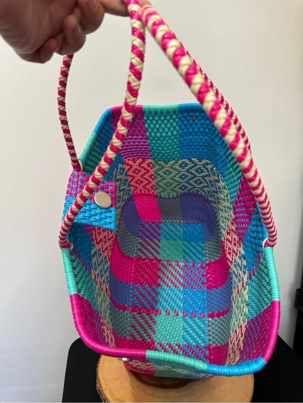 Handwoven Mexican Jumbo Tote Bag in Fuchsia, Teal & Blue